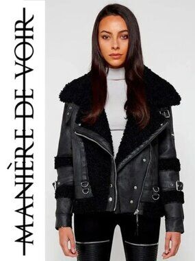 💥KILLER DESIGN!💥Distressed Leather Shearling Aviator Jacket in Black